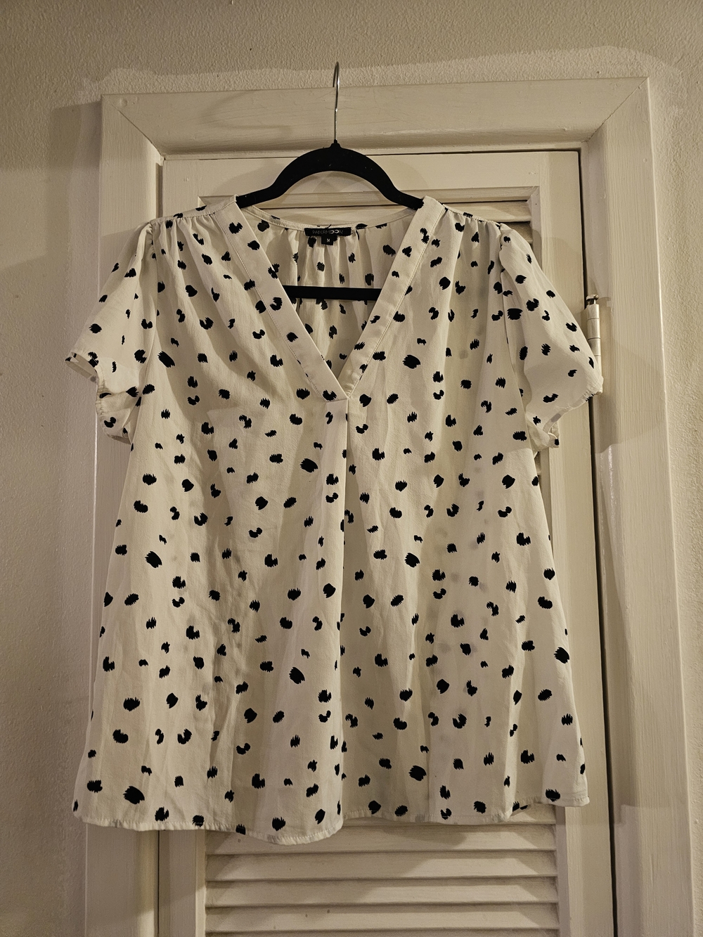 3/$13 Papermoon White Short Sleeve V-Neck Top with Black Spot Print